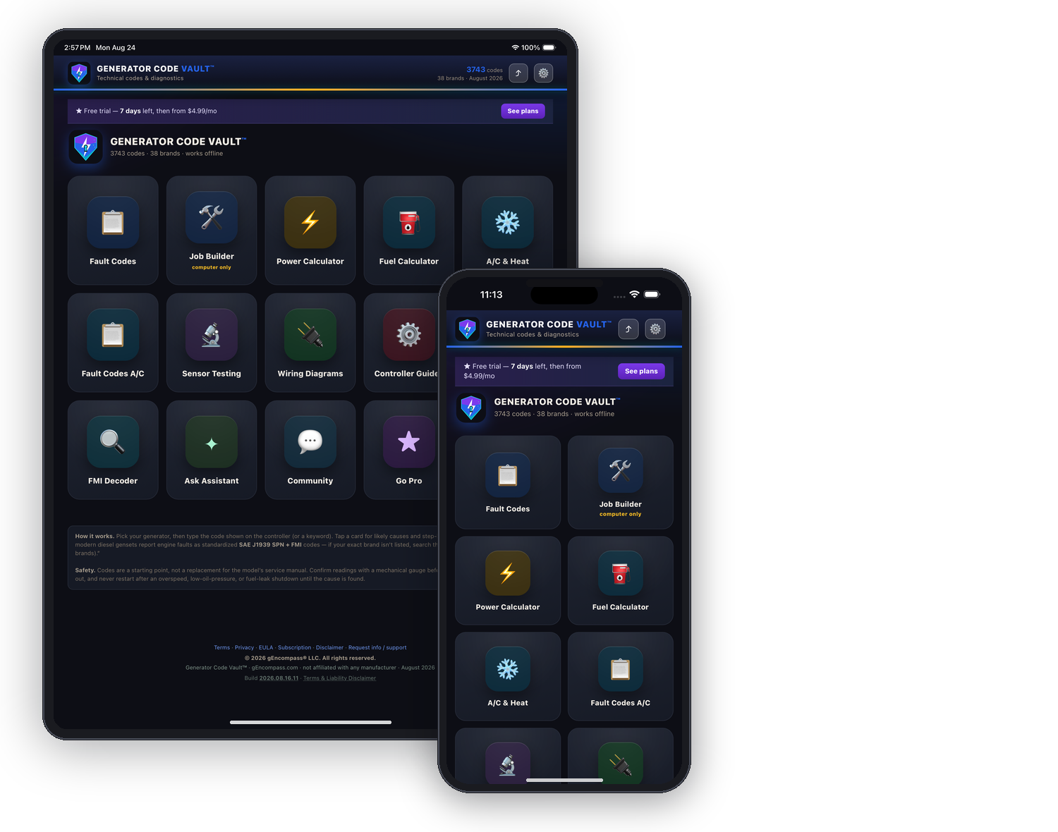 Generator Code Vault running on an iPad and an iPhone — fault codes, Job Builder, calculators, sensor testing