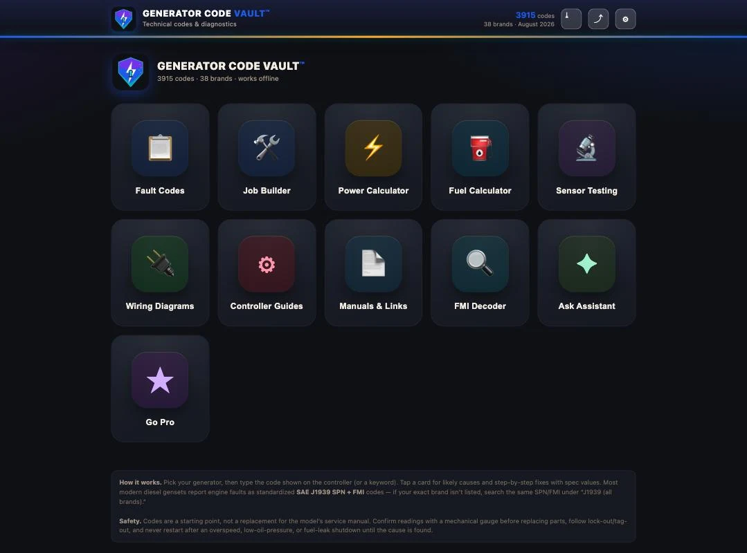 Generator Code Vault home — fault codes, Job Builder, calculators, sensor testing, wiring diagrams