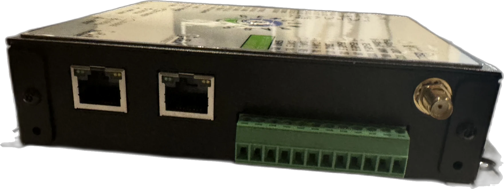 Mark 1 side panel — dual RJ45 Ethernet ports, screw-terminal I/O block, SMA antenna connector