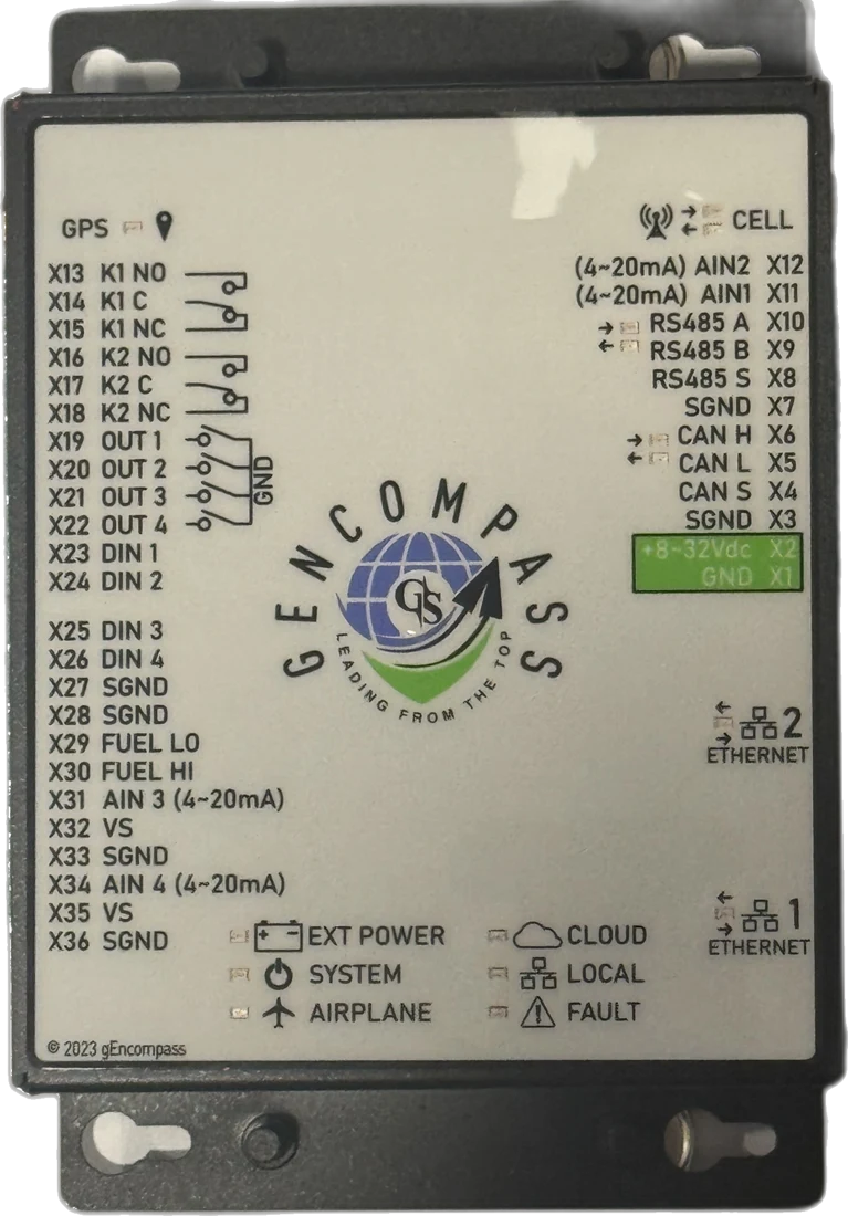 Mark 1 faceplate — full I/O map: relays, digital and 4–20mA analog inputs, CAN, RS485, GPS and cell