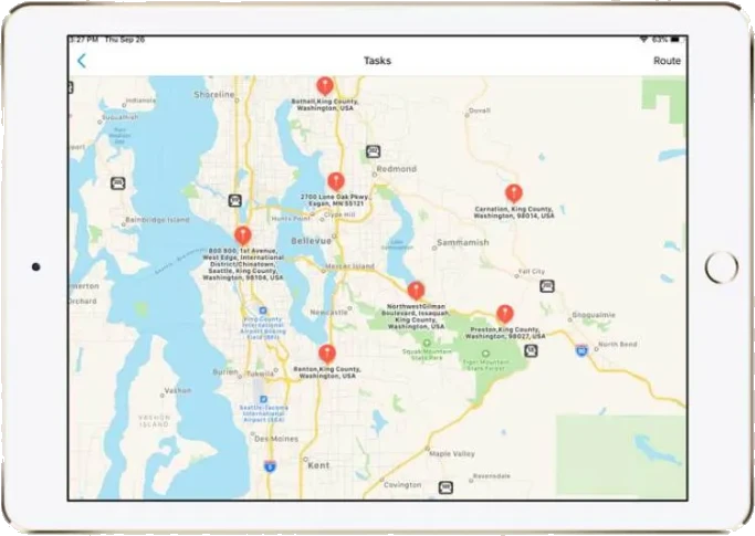CrewCommander field app on a tablet showing live crew locations